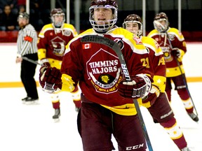 Timmins Majors forward Ryan Armitage leads his teammates to the bench in celebration of the first of his three goals during Wednesday night’s GNU18L contest at the McIntyre Arena. Armitage’s hat-trick helped the Majors defeat the Kapuskasing Flyers 6-4 in a key battle for sixth place in the eight-team league. THOMAS PERRY/THE DAILY PRESS