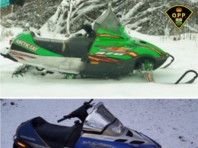A green 2006 Arctic Cat S20 and a blue 2003 Ski-Doo 700 were taken from a barn on Giroux-Vezina Road, in the Field area.