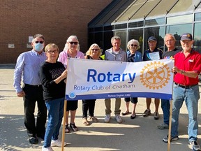 The Municipality of Chatham-Kent presented the Rotary Club of Chatham with a plaque and a flag raising to commemorate 100 years in October. Attending the event were, left to right, Chatham-Kent chief administrative officer Don Shropshire, Rotarian Jennifer Hill, councillor and Rotarian Karen Kirkwood-Whyte, Coun. Marjorie Crew,  Coun. Michael Bondy and Rotarians Diane McGuigan, Brett Smith, Tony Hill and Barry Fraser. (Handout/Postmedia Network)
