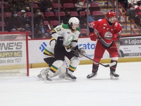 Soo Greyhounds forward Tye Kartye in recent action against the London Knights at the GFL Memorial Gardens. On Tuesday afternoon the Kingston resident signed a three-year entry level contract with the Seattle Kraken.