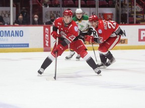 Soo Greyhounds forward Rory Kerins in recent OHL action against the London Knights. On Tuesday afternoon, Kerins signed a three-year entry level contract with the Calgary Flames.