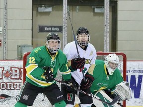 The regular season champion Sherwood Park Knights knocked off the Edmonton Royals 3-0 in the quarters and currently lead the North Edmonton Red Wings 1-0 in their semifinal series. Photo courtesy Target Photography