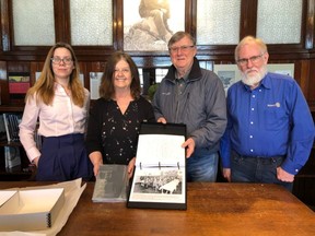 On Feb. 25, Rotarian Gerry Coakwell brought a historical piece of High River – George Mack’s diary, to the Museum of the Highwood to be digitalized and available to view at the museum. From left to right - Museum’s Young Canada intern Megan Phalen, Curator and Director of the Museum of the Highwood Irene Kerr, and Rotarians Gerry Coakwell and Wally Gardiner were all a part of the handing off of the document.
