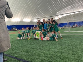 The U11 Boys Tier 2 Saints were among eight Spruce Grove Soccer Association (SGSA) teams to win medals at the Edmonton Minor Soccer Association's (EMSA) City Finals over the weekend of Feb. 25–27. Photo supplied by SGSA.