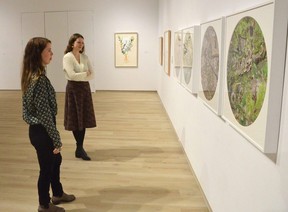 Tom Thomson Art Gallery director and chief curator Aidan Ware, left, and assistant curator Shannon Bingeman view a work by artist Becky Comber at the gallery on Friday, March 4, 2022.