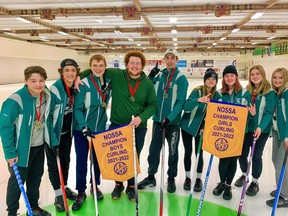Espanola Spartans curlers celebrate a clean sweep of the 2022 NOSSA championships.