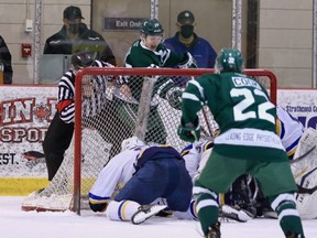 The Sherwood Park Crusaders, pictured in a game against the Oil Barons earlier this year, won Game 1 of the series 4-3 in overtime on Friday in Fort McMurray. Photo courtesy Target Photography