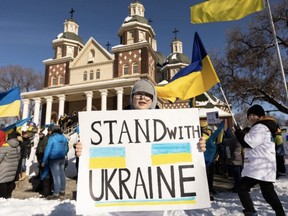 Marchers called for a No Fly Zone in Ukraine to ground the Russian Air Force during the Alberta Stands With Ukraine, Walk for No Fly Zone event in Edmonton on Sunday, March 6. IAN KUCERAK/Postmedia