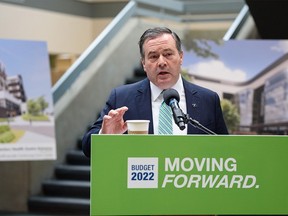 Premier Jason Kenney speaks at a press conference announcing Alberta government’s increased funding for continuing care at Alberta Health Services Southland Park on Thursday, March 3, 2022. PHOTO BY AZIN GHAFFARI/POSTMEDIA