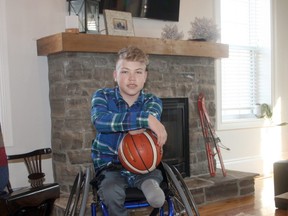 Fifteen-year-old Cole Heessels in his Exeter-area home. The Grade 10 South Huron District High School student will represent the Ontario Junior Provincial Wheelchair Basketball Team at the Junior National Championship in Prince Edward Island in June. Scott Nixon