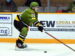 Rookie Alexander Lukin of the North Bay Battalion braces for action against the visiting Kingston Frontenacs in Ontario Hockey League play Sunday. The Moscow-born defenceman was a first-round choice in the 2021 Canadian Hockey League Import Draft.
Submitted Photo