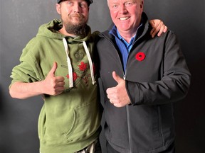 Retired General Rick Hillier, right, in a recent meeting in North Bay with Jess Larochelle of Restoule. Hiller is one of many high ranking veterans who is making the case that Larochelle should be awarded Canada's Victoria Cross for his act of bravery that saved the lives of his platoon members in a firefight with the Taliban in Afghanistan in 2006.
Submitted Photo