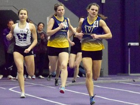 Kristin Mrozewski (4) and Sarah Booth (5) compete in the Women’s 600-metre race at the Don Wright Team Challenge at Western University on Saturday, March 5, 2022.