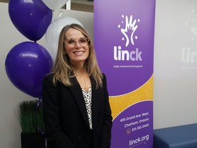Teri Thomas-Vanos, executive director for Linck, formerly Chatham-Kent Children’s Services, is shown during Wednesday's rebranding announcement. (Trevor Terfloth/The Daily News)