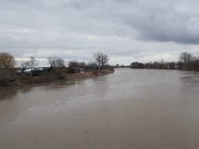 The Thames River is shown at the Prairie Siding bridge west of Chatham on Tuesday. (Trevor Terfloth/The Daily News)