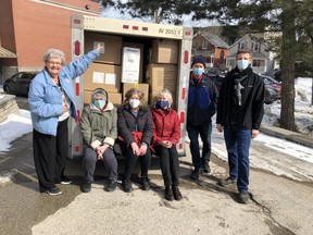 Stratford Mission Depot volunteers prepare a shipment of supplies headed for Ukrainian refugees in Poland. Pictured are Stratford Mission Depot co-ordinator Jean Aitcheson (left), volunteers Diane Playford, Colleen Pola, Anne Wood, and Cam Fraser, and Hamilton-based surgeon Dr. Brad Petrisor. (Contributed Photo)