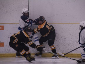 The Beaumont Chiefs and Morinville Jets battled in Game 4 of their semi-final Tuesday, March 8, and are in the midst of a war, after the Jets beat the Chiefs 5-2 to tied the series at 2-2. (Dillon Giancola)