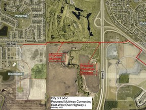 The proposed location of a pedestrian bridge in Leduc across the QE2 that would connect the Southfork neighbourhood with the Windrose and Black Stone neighbourhoods. (City of Leduc)