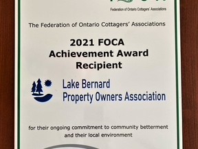 The ongoing projects the Lake Bernard Property Owners Association has carried out to keep the lake healthy has not gone unnoticed. The Federation of Ontario Cottagers' Association, with more than 500 member associations belonging to it, has announced the LBPOA as the recipient of the 2021 Achievement Award.