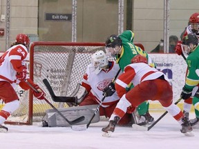 The Sherwood Park Knights got past the North Edmonton Red Wings by a 3-2 score in Game 5 to win their semifinal series 4-1. 
Photo courtesy Target Photography