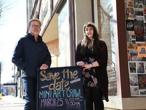 ARTspace and the Thames Art Gallery are hosting their first art crawl in over two years on March 25. Thames Art Gallery curator Phil Vanderwall and assistant curator Michaela Lucio are shown outside ARTspace in downtown Chatham next to a promotional sign for the event March 9, 2022. Other participating locations include the Art and Heirloom Shoppe, The Co. and William Street Cafe. (Tom Morrison/Chatham This Week)