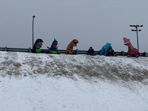 It was a strange sight at Lee Park Monday afternoon as a group of dinosaurs hit the sliding hill. The costumes caught a lot of attention and laughs.