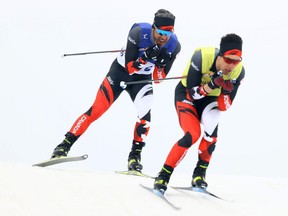 Brian McKeever of Canada competes in the Men's Middle Distance Free Technique Vision Impaired at the Beijing 2022 Winter Paralympics at Zhangjiakou National Biathlon Centre. Photo Michael Steele.