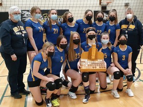 The Bishop Smith Junior Girls volleyball team recently captured the Upper Ottawa Valley High School Athletic Association Junior Girls Volleyball title, defeating the Fellowes Falcons in three straight sets. The team consists of, standing from left, coach Heather Hickson, Julie Burnette, Carlyn Brunette, Isabelle Schori, Addison Robillard, Kelsea Moore, Madeline Schorie, and coach Sue Cotnam. Kneeling from left, Cale Felhaber, Reegan Felhaber, Kaitlyn Weatherbee, Ella Noble, Morgan Sandrelli, and Sean Cong-O. Submitted photo