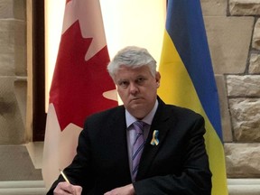 Sault MP Terry Sheehan signs the Book of Solidarity at the House of Commons in support of Ukrainian parliamentarians and the people of Ukraine on behalf of his constituents of Sault Ste. Marie. PHOTO SUPPLIED.