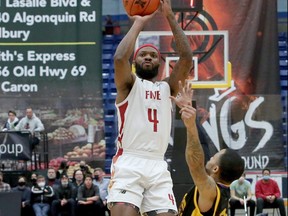Dexter Williams Jr. (4) of the Sudbury Five  takes a shot during National Basketball League of Canada action against the Lansing Pharaohs of The Basketball League at Sudbury Community Arena in Sudbury, Ontario on Saturday, March 5, 2022.