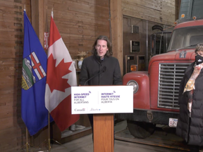 Alberta’s Minister of Service Nate Glubish, and Canada’s Minister of Rural Economic Development Gudie Hutchings announced Alberta and Canada’s combined $780 million commitment to help close the gap of households that don’t have internet access in Alberta, March 10. The announcement took place at the Leduc Heritage Grain Elevator. (Government of Alberta)