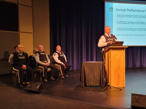 Inspector Jeff McBeth addresses concerned and interested community members at the RCMP’s Community Townhall, at the Maclab Centre, March 1. (Dillon Giancola)