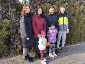 The Ukrainian family Susanne von Toerne of the Flesherton area is working on bringing to Canada. Back row, from left are Yana Sirenko, Alina Sirenko, John Fancon and Danyil Sirenko. In front are Rebecca, 2, and Kassiia, 6.