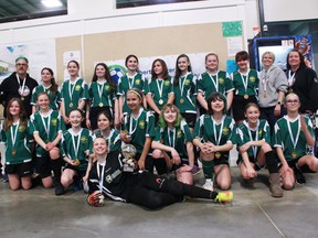 The U13 Girls Spruce Grove Saints soccer team will kick off their regular season in October. Pictured is the team after winning the Alberta Soccer Association (ASA) Tier 4 Provincial Championships in March 2022. Photo supplied by SGSA.