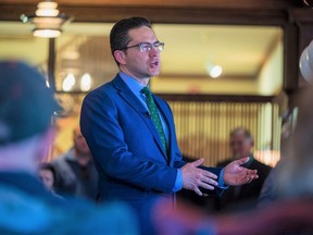 Conservative Party of Canada leadership candidate Pierre Poilievre speaks to a group of supporters Thursday inside the Belleville Club in Belleville, Ontario. ALEX FILIPE.