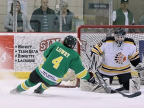 Sherwood Park Knights forward Chase Lowry cuts hard in on the Beaumont net during his team’s 2-1 win on Friday at the Arena. Photo courtesy Target Photography