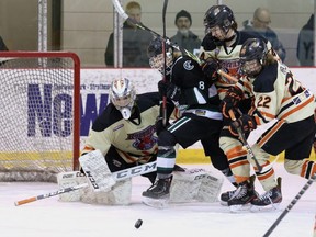 The Sherwood Park U-15 AAA Flyers swept past Lloydminster and the GP Storm to qualify for the provincial championship tournament. Photo courtesy Target Photography