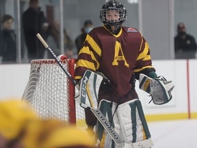 Kaleb Griffin picked up both wild-card wins in net for Athens as the Aeros defeated the Westport Rideaus to advance to the next round of the EOJHL playoffs. Tim Ruhnke/The Recorder and Times