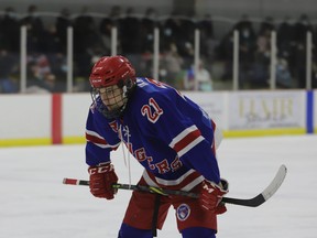 Connor Van Luit of South Grenvile focuses on the impending faceoff in the North Dundas end during game five of their NCJHL semi-final on Saturday night. The Jr. C Rangers edged the Rockets 4-3 to go up 3-2 in the best-of-seven series. Game six is in Chesterville Sunday afternoon.
Tim Ruhnke/The Recorder and Times