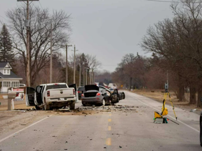 The scene of a fatal collision on County Road 34 between Leamington and Wheatley on the morning of March 18, 2022. PHOTO BY DAX MELMER /Windsor Star