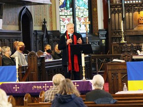 Sarnia Mayor Mike Bradley speaks during a multi-faith community event at All Saints Anglican Church in support of Ukraine amid the Russian invasion on Sunday, March 20, 2022 in Sarnia, Ont. Terry Bridge/Sarnia Observer/Postmedia Network