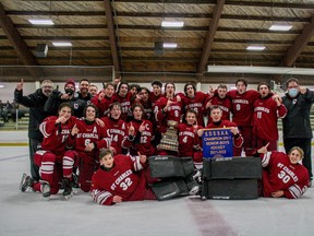 Members of the St. Charles Cardinals senior boys hockey team celebrate their SDSSAA Division I championship. For more on the Cards' big win, read the March 11 print edition of The Sudbury star or visit www.thesudburystar.com.