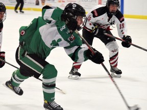 Owen Peters rips a shot on the North Middlesex Stars’ net during the March 10 game, scoring the first goal for Lucan of the night. Dan Rolph