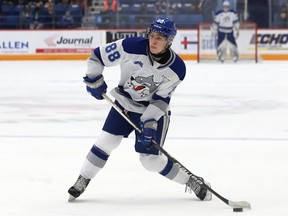 David Goyette, of the Sudbury Wolves, fires the puck on net during OHL action against the Niagara IceDogs at the Sudbury Community Arena in Sudbury, Ont. on Friday November 5, 2021.