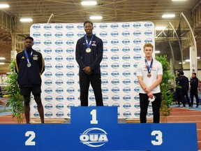 Laurentian's Marvin Zongo, left, won silver at the 2022 OUA Track and Field Championships. Femi Akinduro from Toronto won gold and Scott Peel from Guelph took bronze.