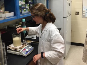 Danica Levesque conducts research in the biochemistry lab on Laurentian’s campus in 2019.