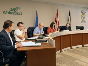 CAO Peter Smyl, far left, and administration recommended next steps on the cultural centre to (l-r) councillors Braden Lanctot, Derek Schlosser, Serena Lapointe, Mayor Tom Pickard, Tara Baker and Paul Chauvet.