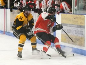 Tillsonburg Thunder's Matthew Weston, left, scored a hat trick in Saturday's 5-4 WOSHL overtime semifinal win over Strathroy Jets. (Chris Abbott/Norfolk and Tillsonburg News)