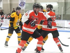 Senior hockey fans will remember Mike Bondy from his days in Petrolia and Aylmer. The 49-year-old defenceman came out of retirement to play to play for the Strathroy Jets in the first WOSHL season. (Chris Abbott/Norfolk and Tillsonburg News)