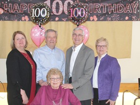 Petawawa resident Jeannine Mohns celebrated her 100th birthday with a family party held at the Silver Threads Seniors Club on Victoria Street. In the photo the birthday girl is pictured with four of her children, from left, Marlene Harwood, Tom Mohns, Dickie Mohns and Valerie Mons.